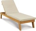 A wooden lounge chair with a white cushion on a white background.