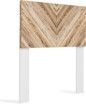 A wooden headboard with white legs on a white background.