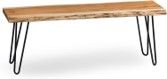 A wooden bench with hairpin legs on a white background.