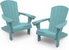 A pair of blue adirondack chairs on a white background.