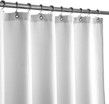 A white shower curtain is hanging on a metal rod.
