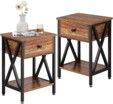 A pair of wooden nightstands with drawers and a shelf.