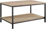 A coffee table with a wooden top and a metal frame.