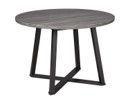 A round table with a gray top and black legs on a white background.