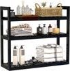 A black shelf filled with bottles and towels on a white background.