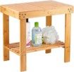 A wooden table with a shelf and bottles on it.