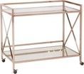 A bar cart with two shelves and wheels on a white background.
