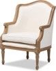 A chair with a white cushion and wooden legs on a white background.