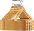 A stack of wooden hangers sitting on top of each other on a white background.