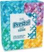 A box of presto tissues with a colorful pattern on them.