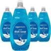 Four bottles of dish soap are sitting next to each other on a white background.