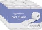 Amazon basics bath tissue is stacked on top of each other on a white background.