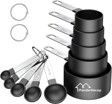 A set of measuring cups and spoons stacked on top of each other.