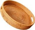 A wicker tray with handles on a white background.