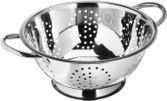 A stainless steel strainer with handles on a white background.