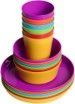 A stack of colorful plastic bowls and plates on a white background.