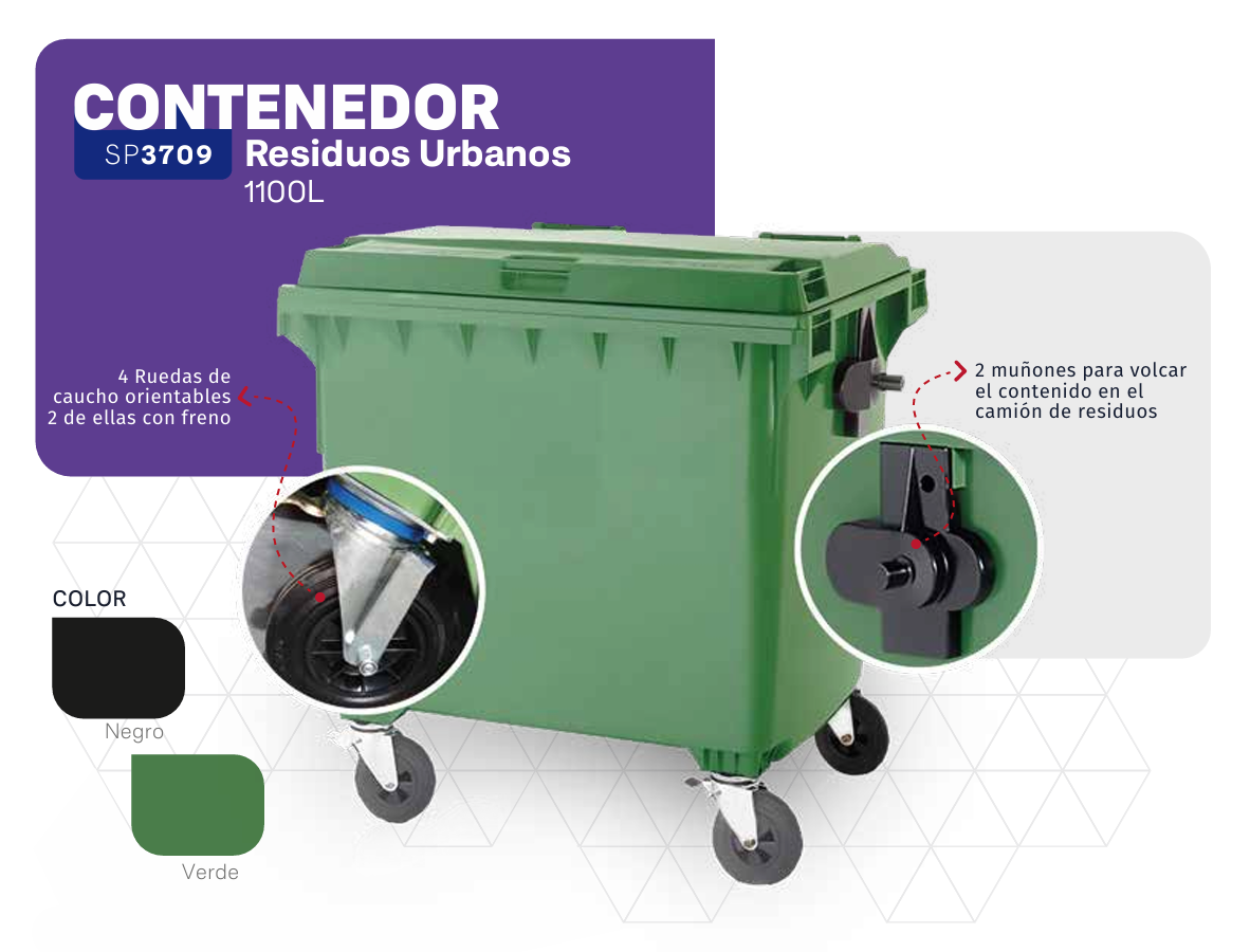 Contenedor de residuos urbanos de color verde con ruedas, detalle de cerradura y opciones de color.