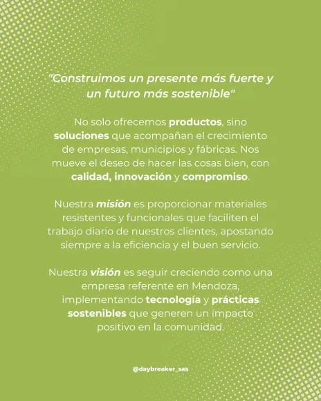 Texto sobre fondo verde: misión, visión y valores de la empresa.