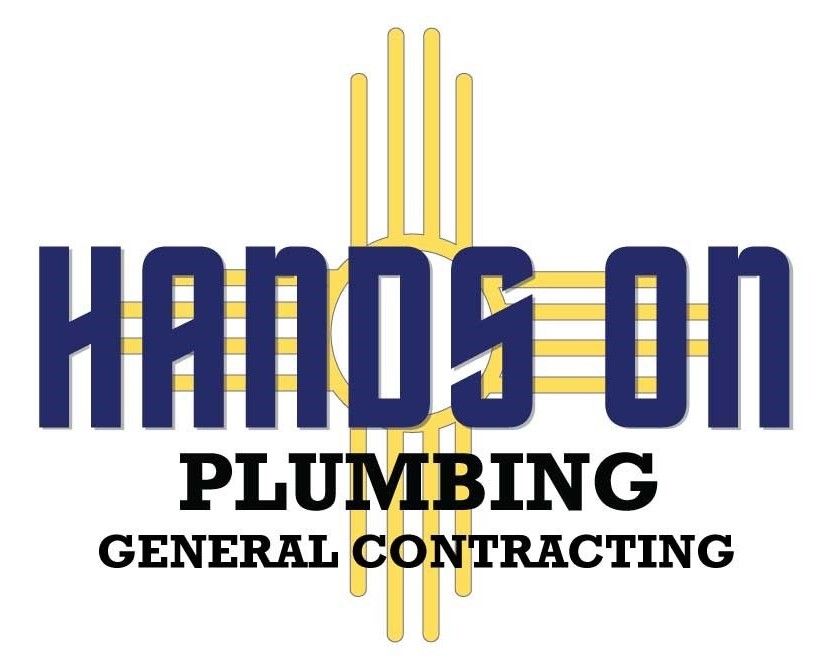 Logo for Hands On Plumbing, blue text over a gold New Mexico Zia symbol, with "PLUMBING" and "GENERAL CONTRACTING" below.
