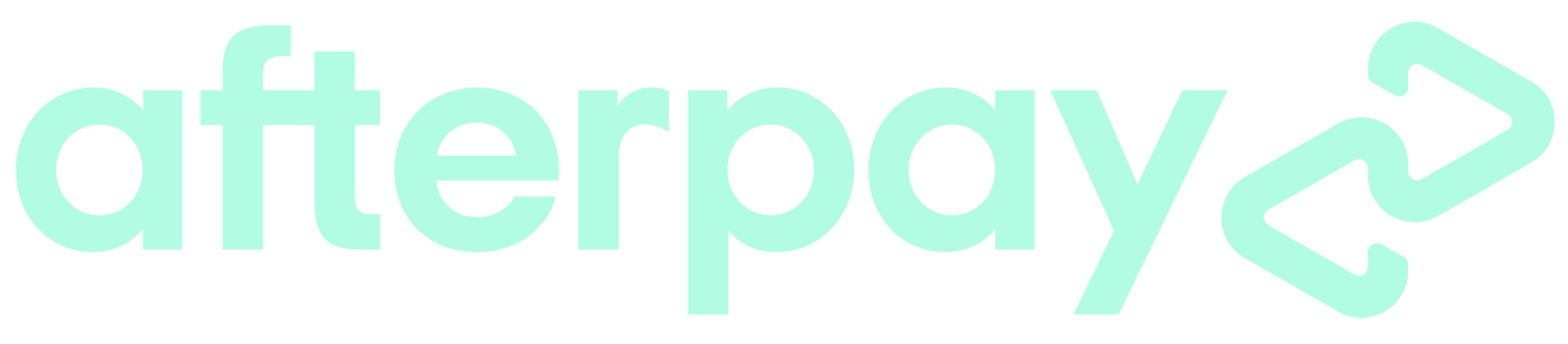 Afterpay logo in light green with two arrows at the end.