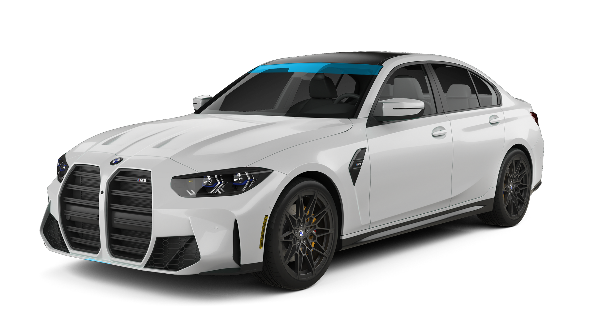White sports sedan with black racing stripes and large front grille, shown on a white background