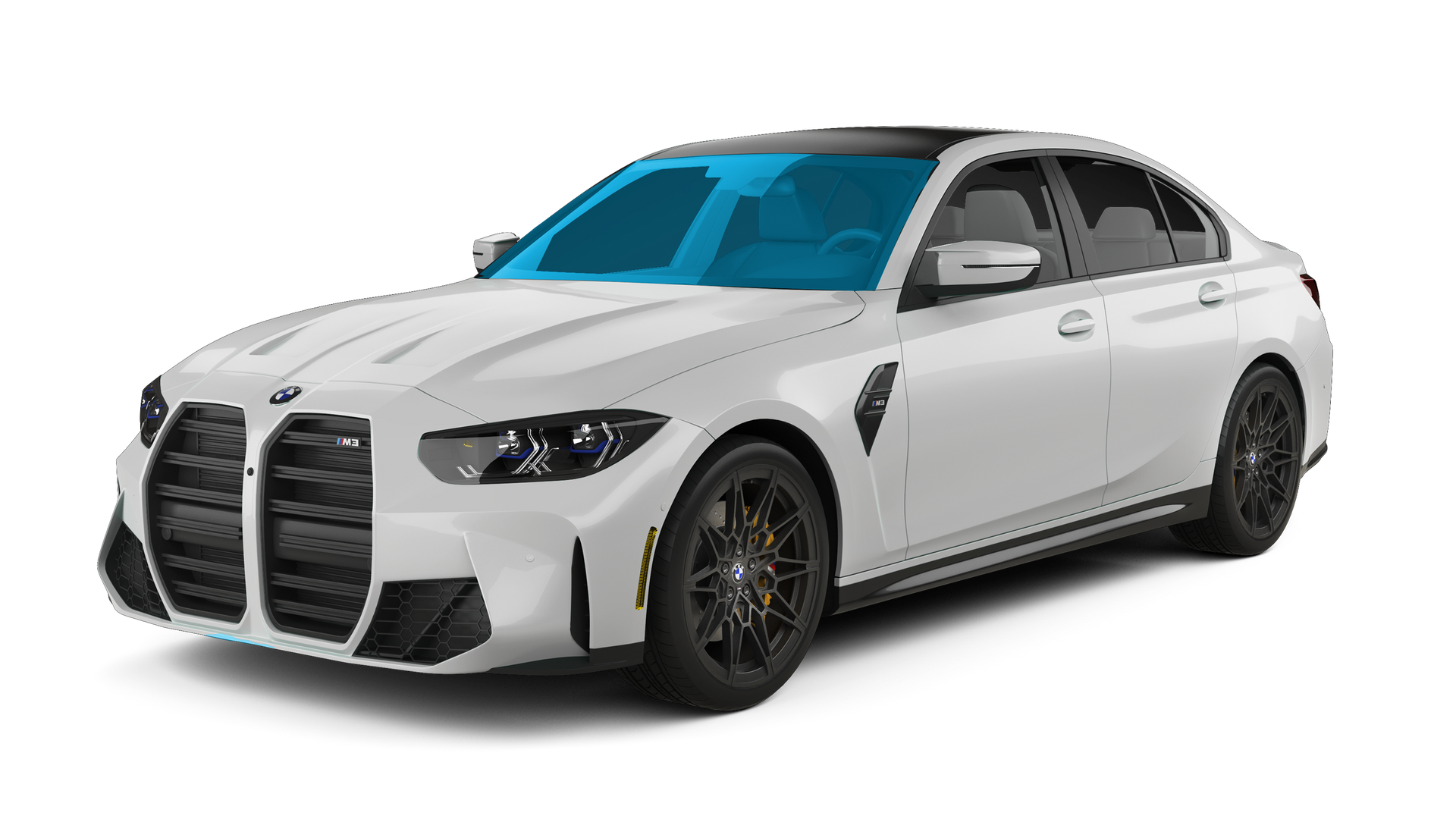 Silver sports sedan with black grille and blue-tinted windows, shown on a white background