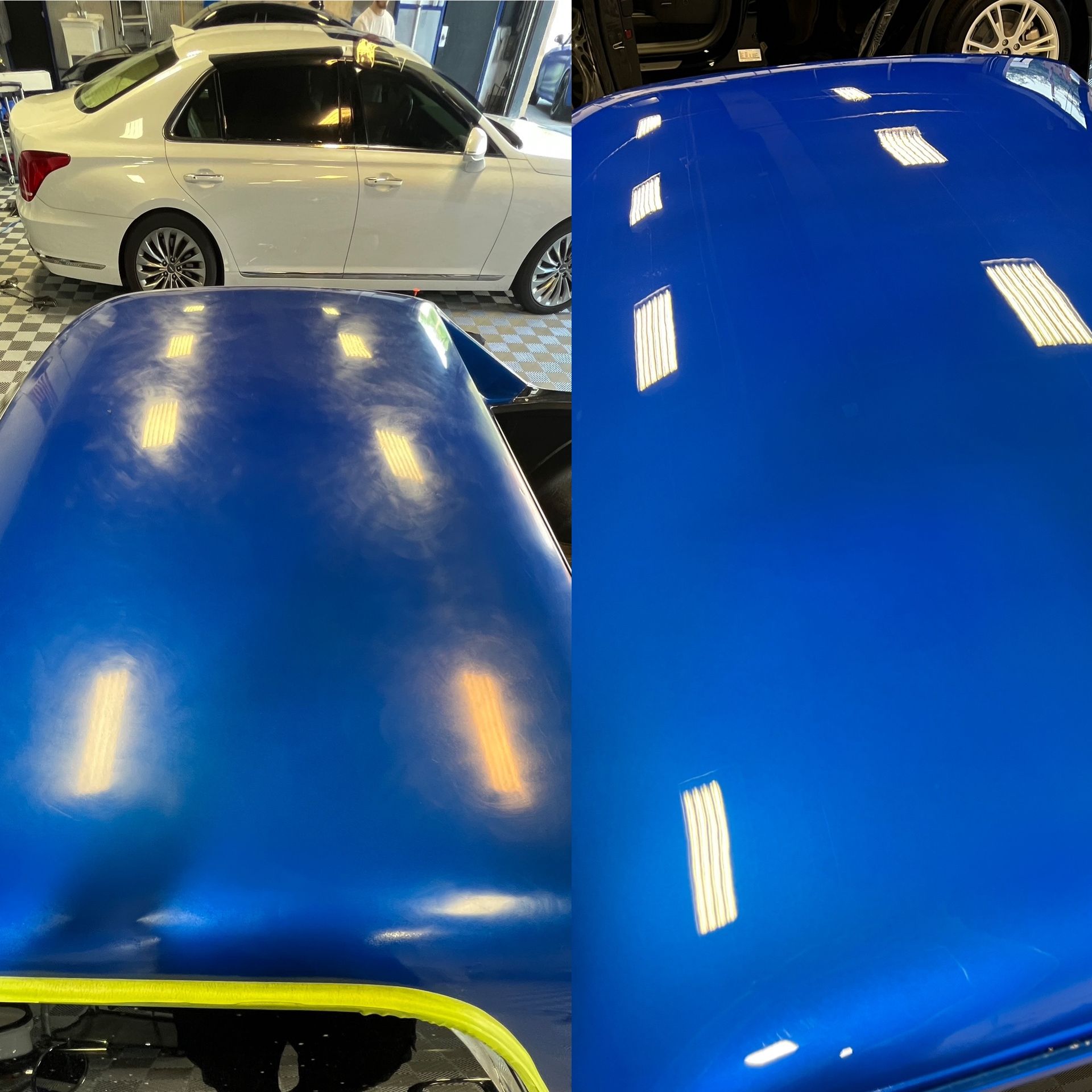 Blue car hood before and after polishing, showing dull finish on the left and glossy reflections on the right