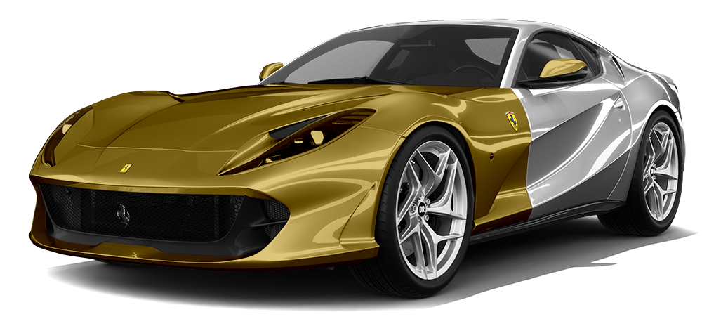 A gold and white ferrari on a white background.