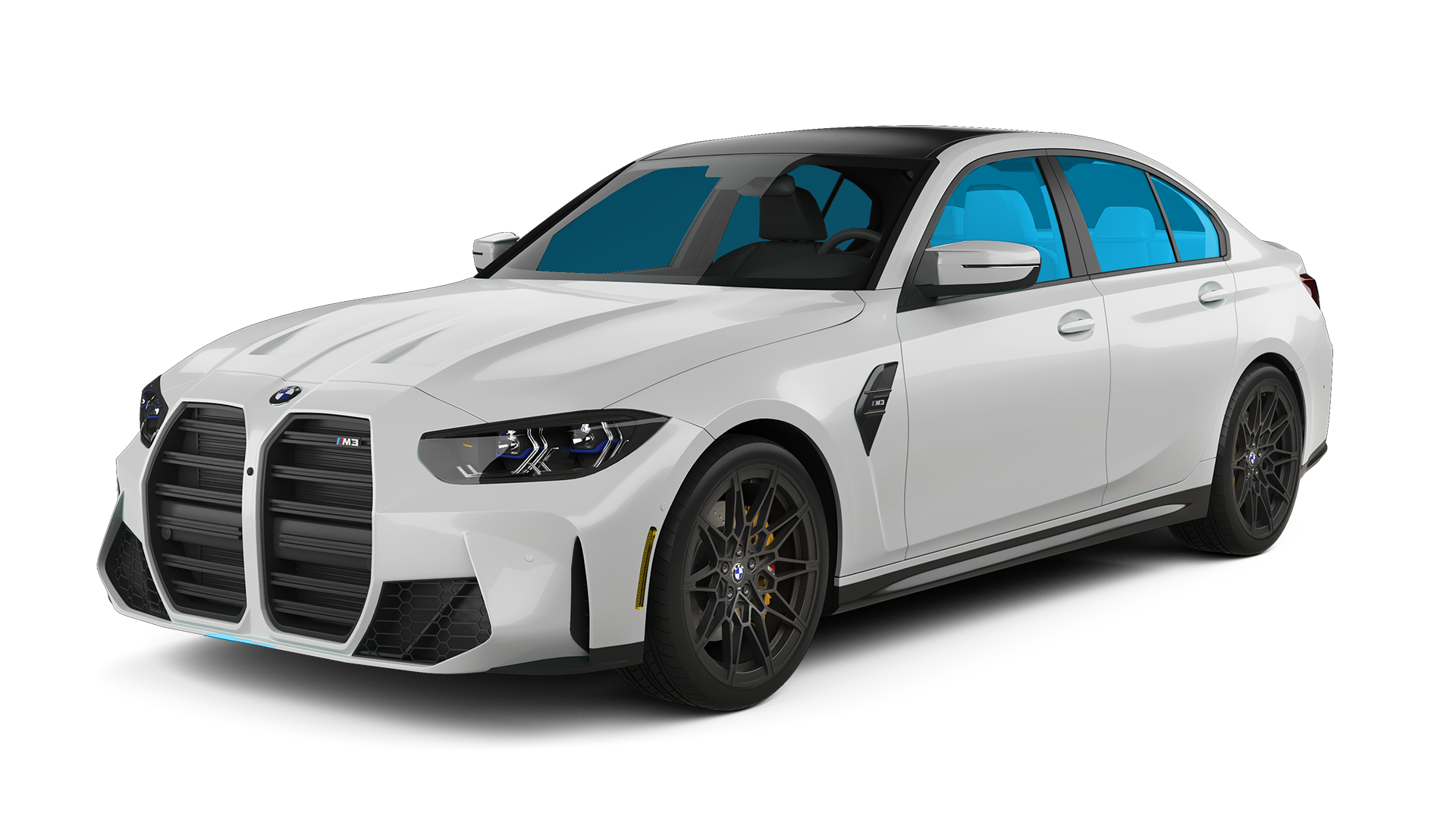 White BMW sedan with black grille and tinted windows, shown in a studio-style side front view.
