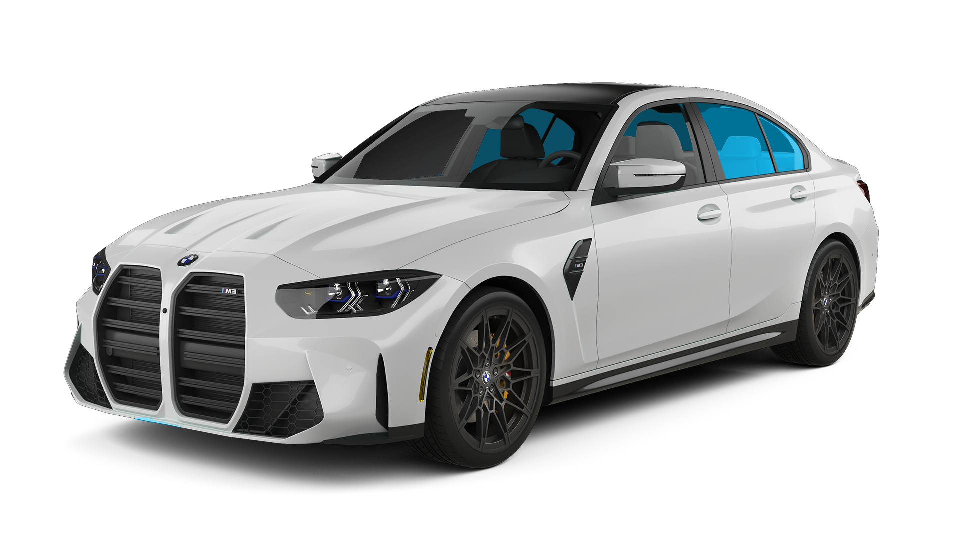 White BMW sedan with black grille and tinted windows, shown in a studio-style side front view.