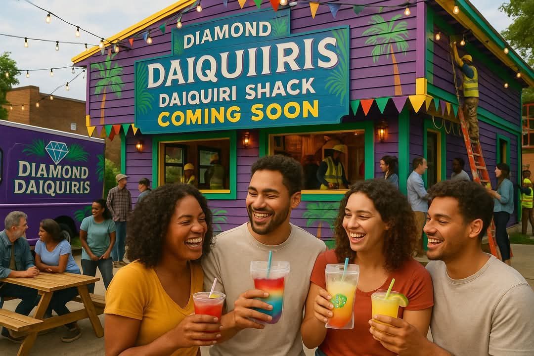 Four people smile while holding colorful frozen drinks in front of a purple and green 
