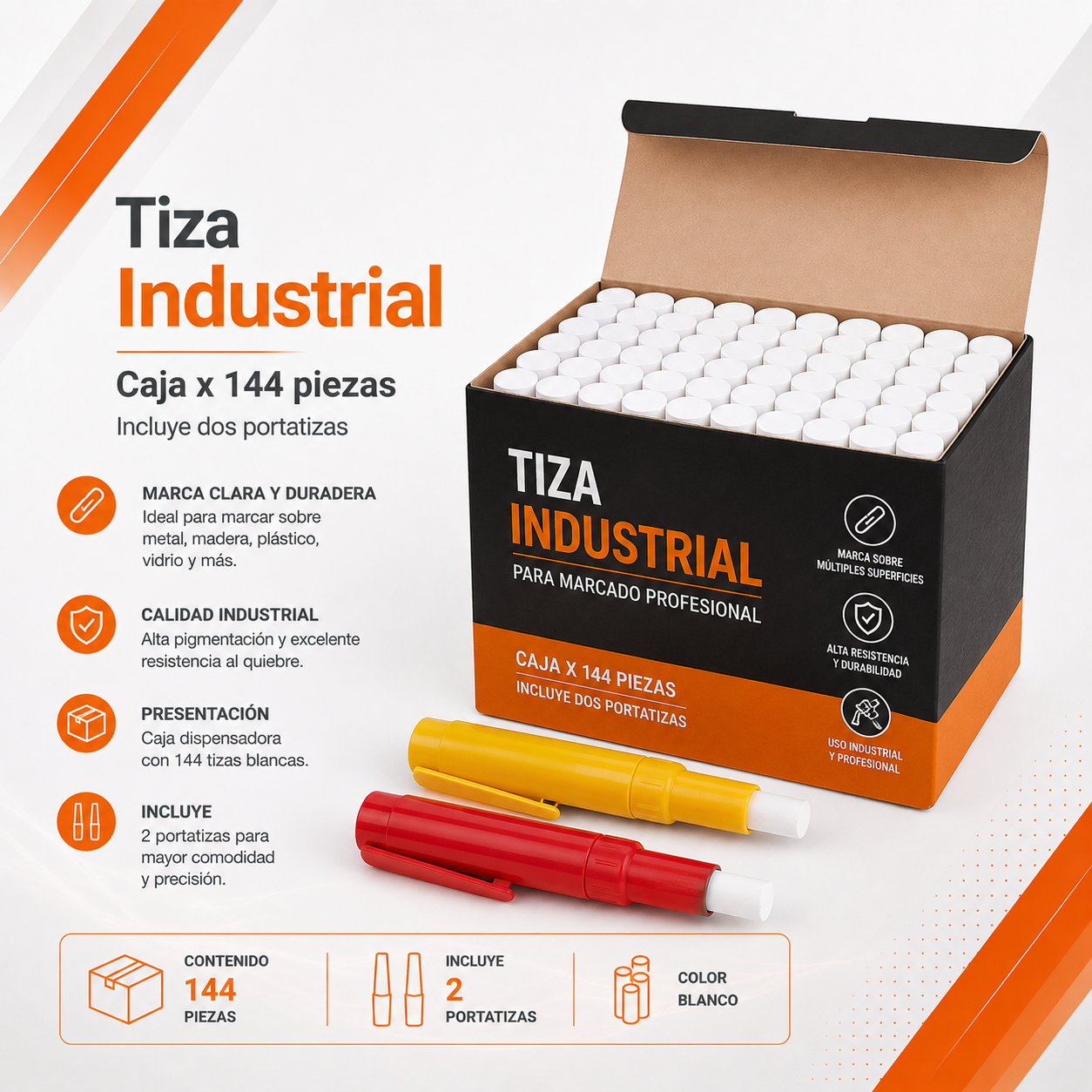 Tiza industrial caja x 144 piezas  Incluye dos portatizas