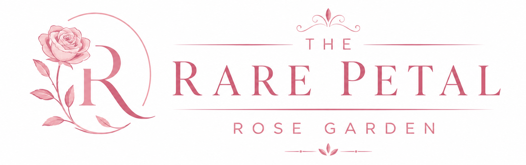 The Rare Petal Rose Garden logo with pink rose and elegant serif text on a white background