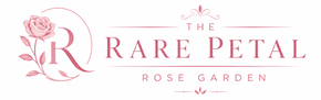 The Rare Petal Rose Garden logo with pink rose and elegant serif text on a white background