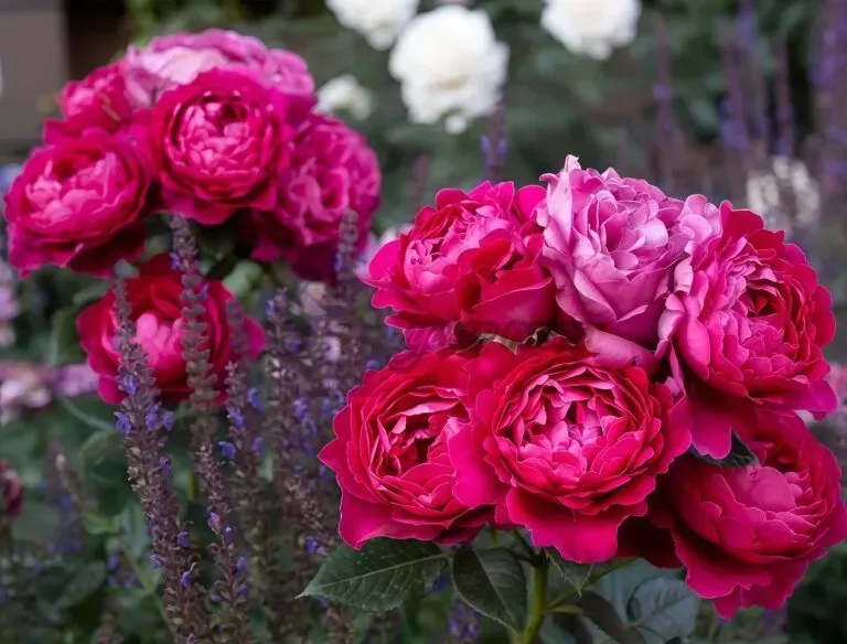 Bright pink roses blooming among purple flowers in a garden