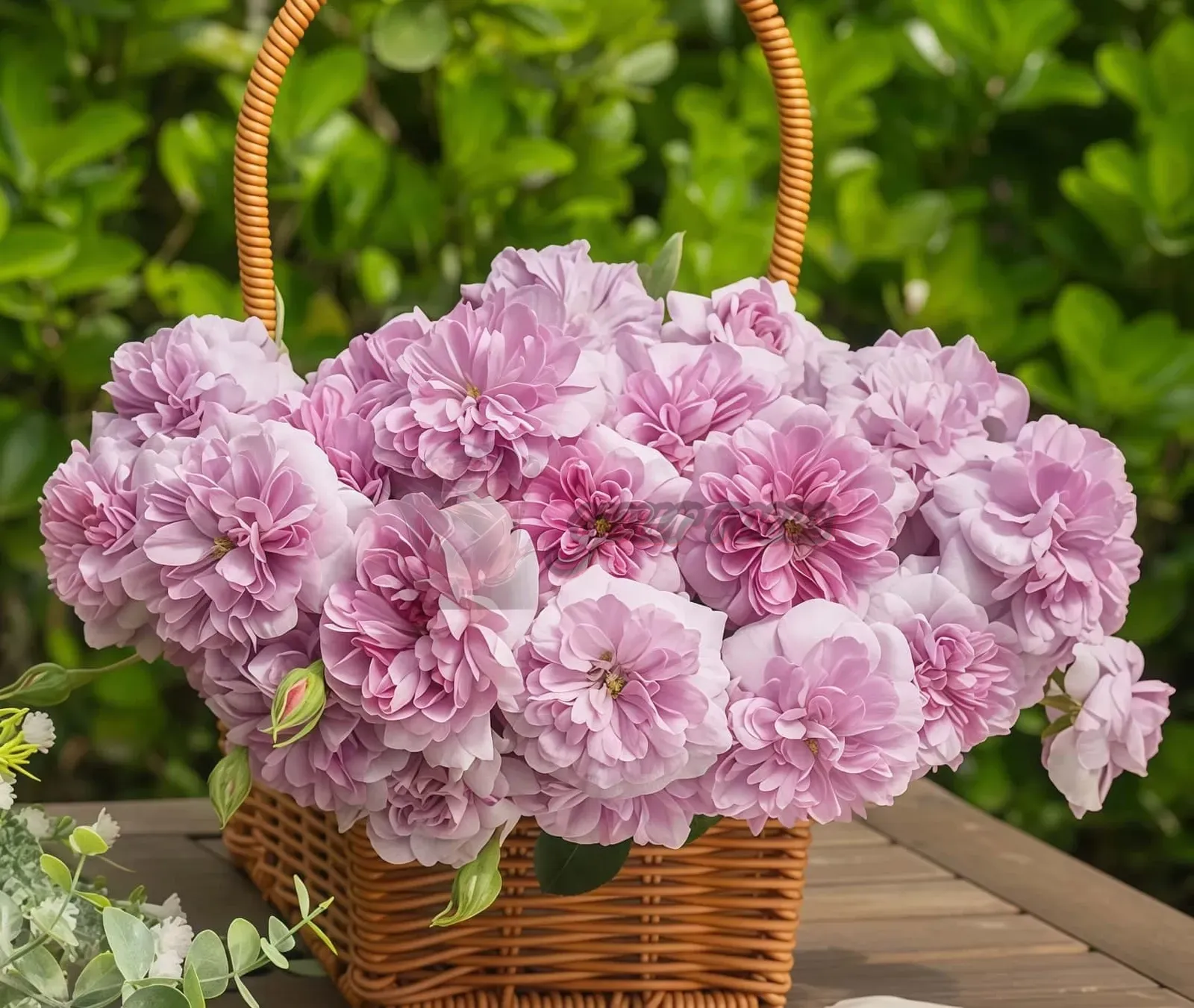 Wicker basket overflowing with pale pink hydrangeas on a wooden table outdoors