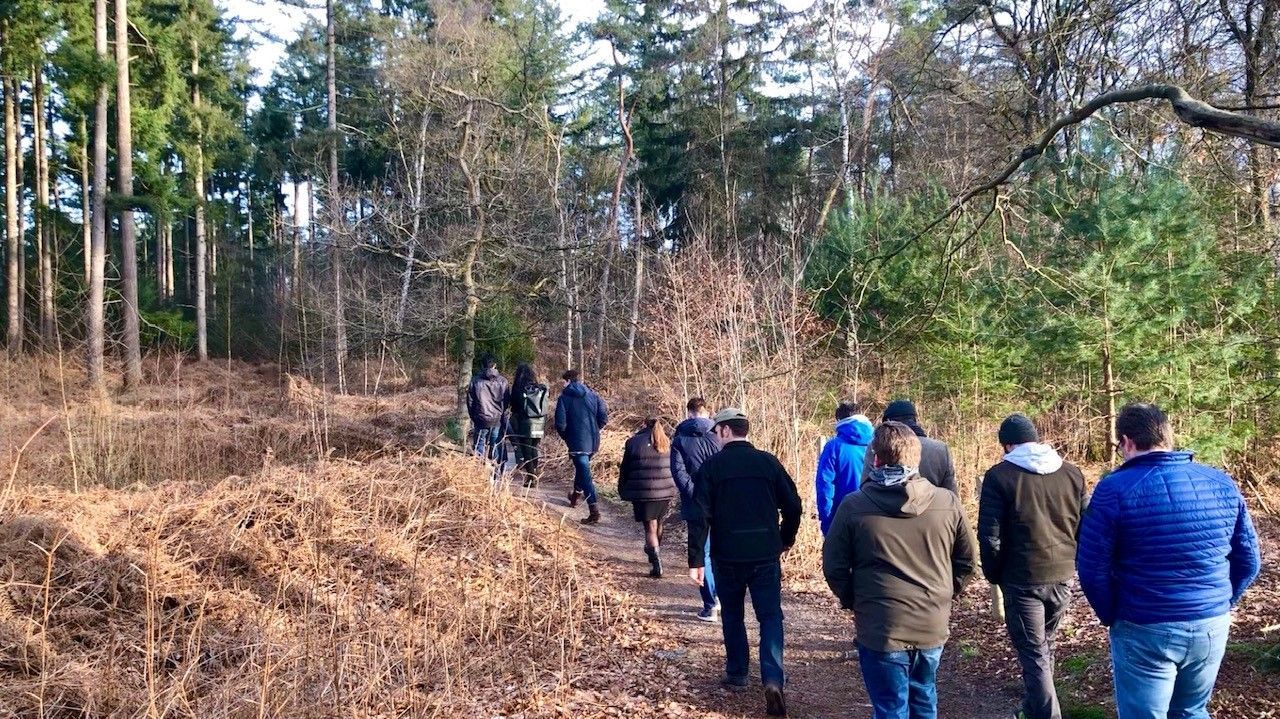 Groep mensen wandelen natuur bos