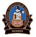 Logo for The National Association of Chimney Sweeps. A chimney sweep with top hat and brush stands on a chimney
