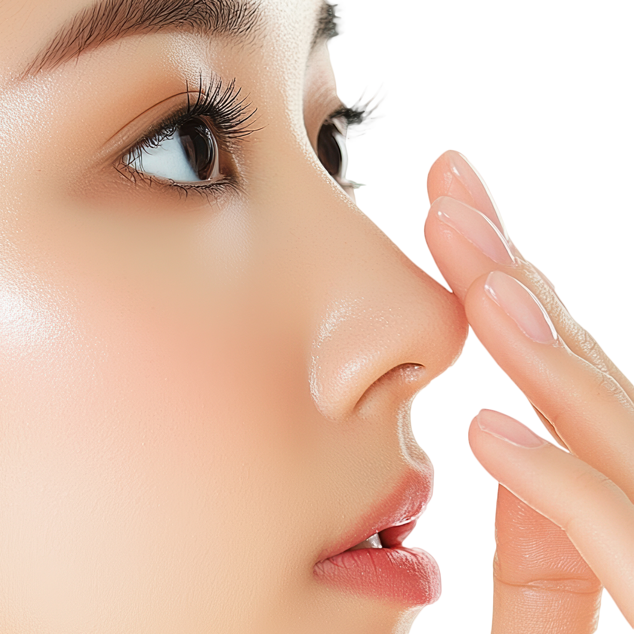Woman's face in profile, gently touching her nose with a delicate hand.
