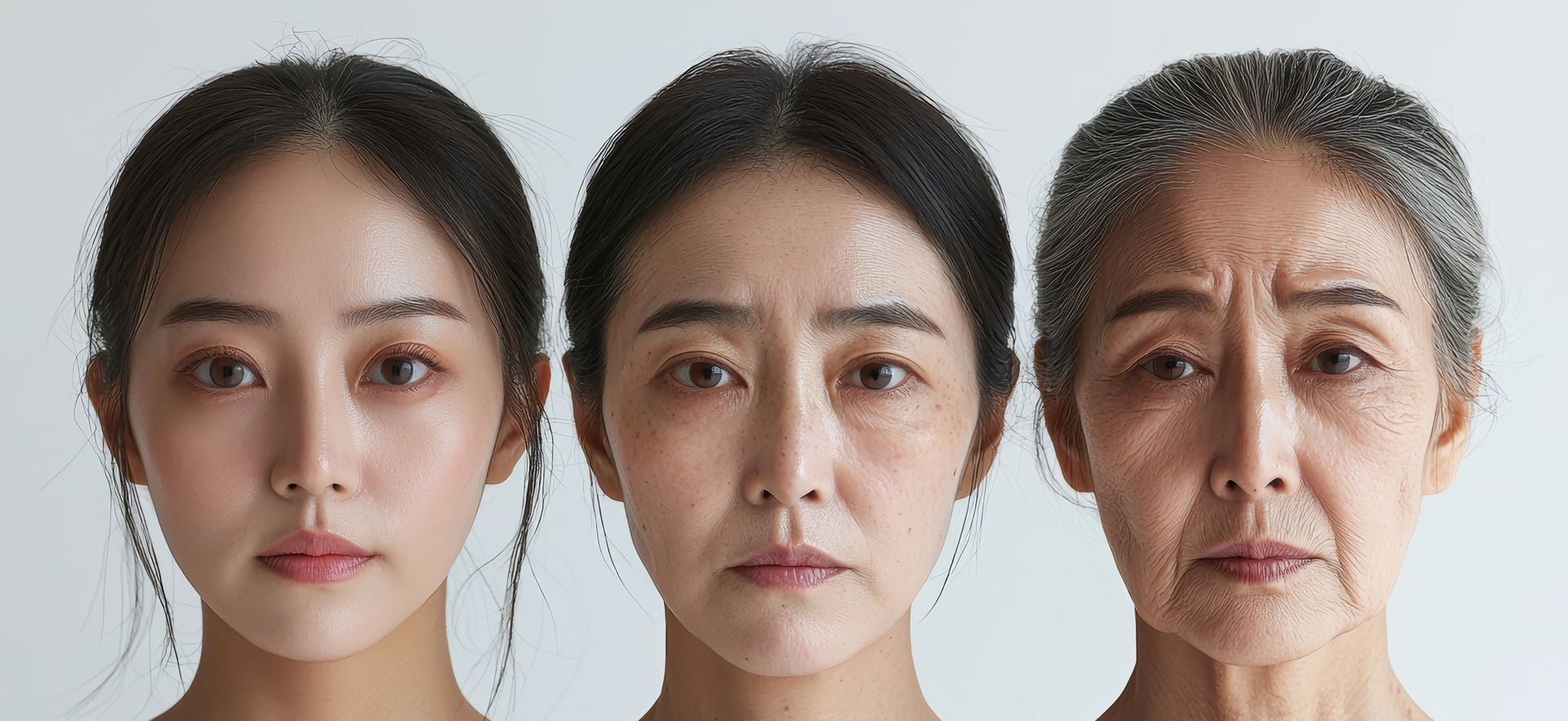 A series of three portraits showing the same person at different ages, with increasing wrinkles.