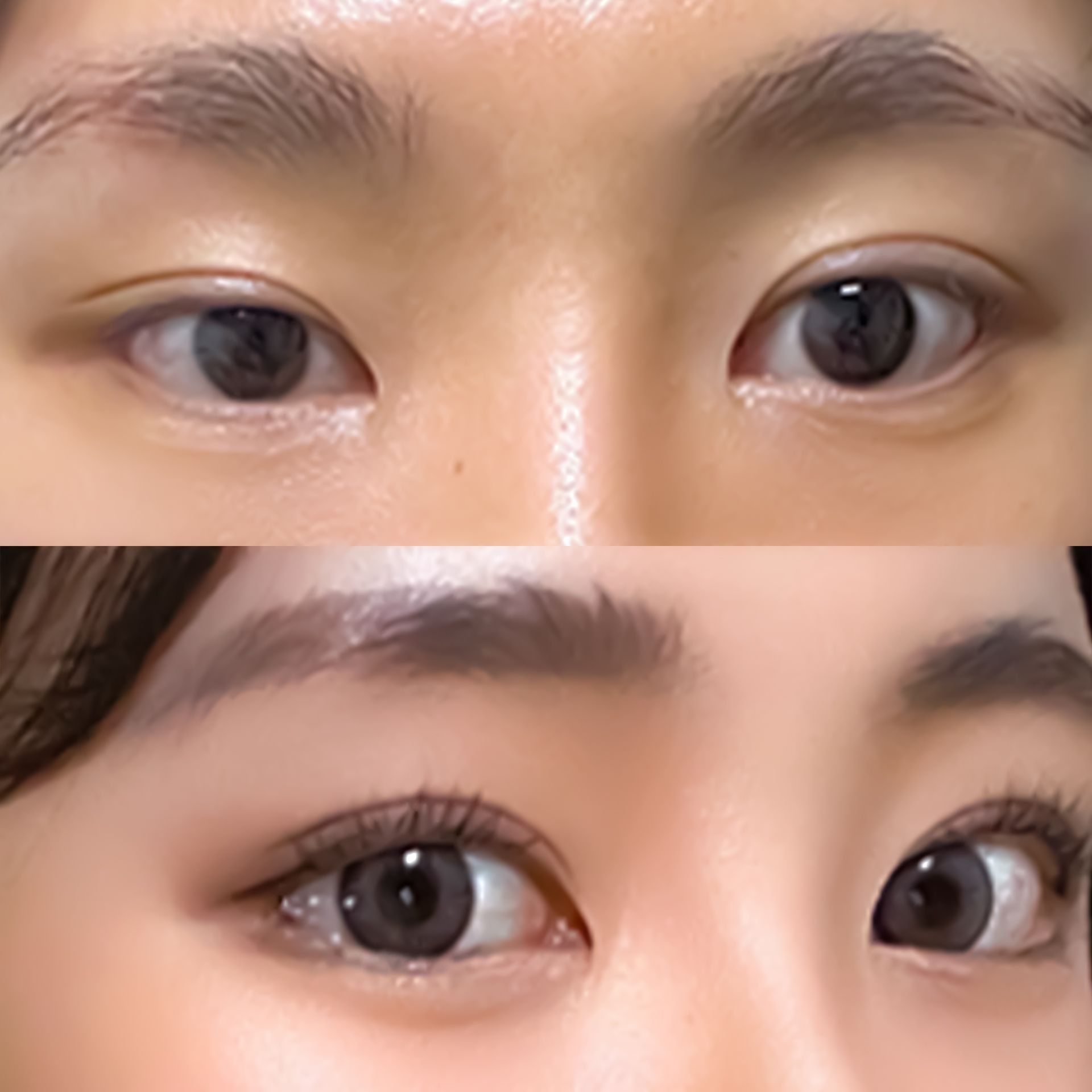Two pairs of eyes; top, before eye makeup; bottom, after eye makeup with longer lashes and eye shadow.