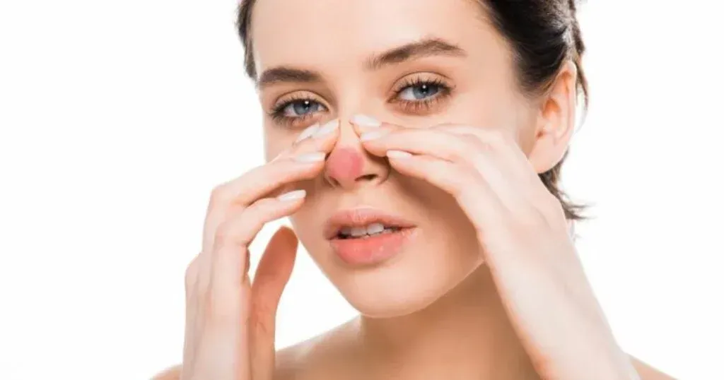Woman with a red, irritated nose, touching it with both hands, looking concerned.