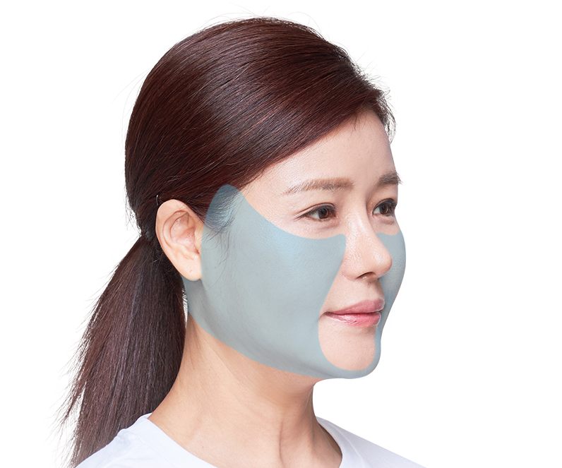 Woman wearing a light blue face mask covering chin and cheek areas, in profile view.