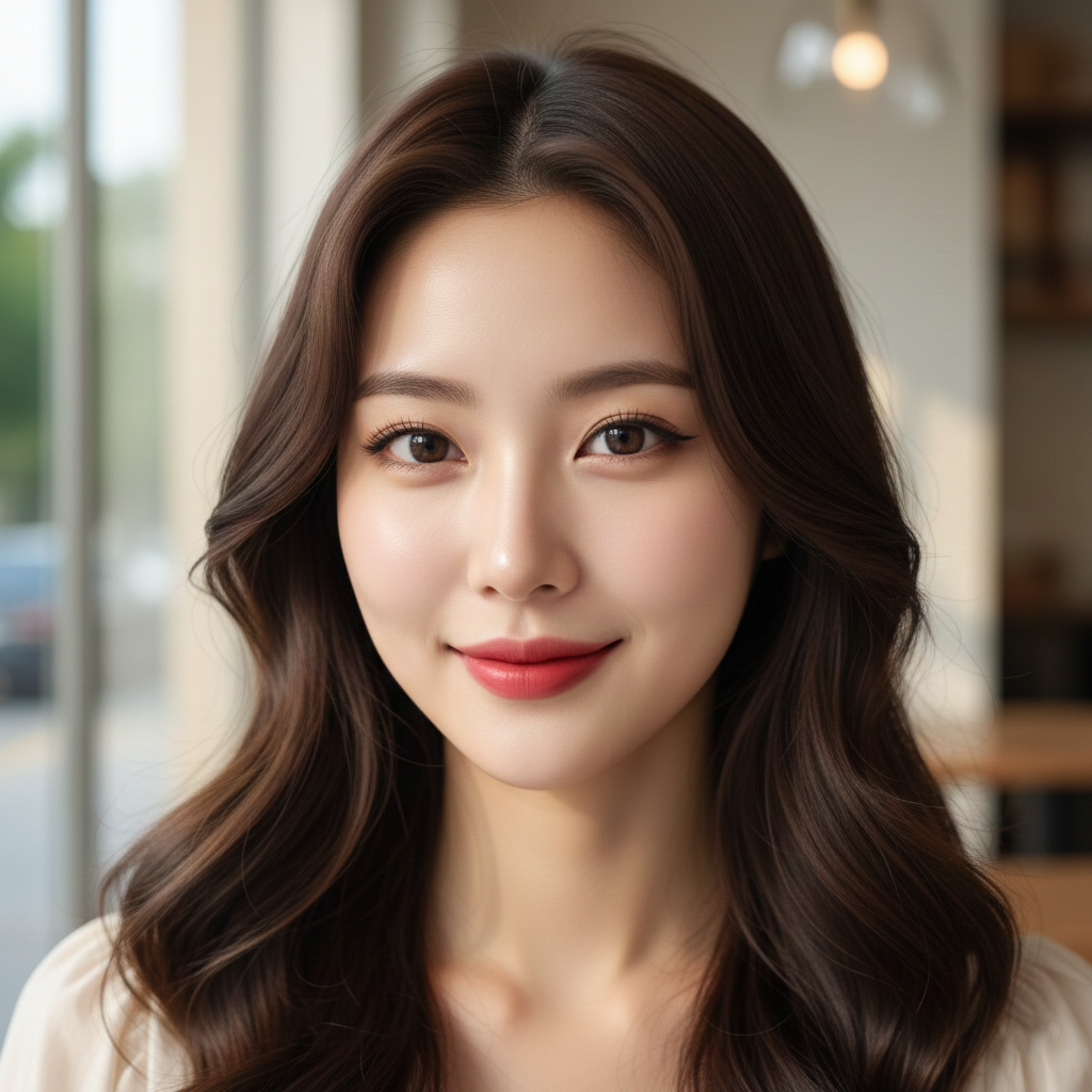 Woman with long wavy brown hair and red lipstick, smiling in a bright setting.