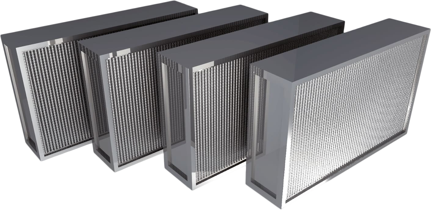 Four rectangular air filters with metal frames arranged in a row. The filter media is visible.
