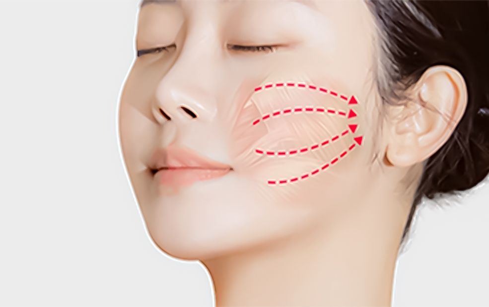 Woman's face with dotted lines indicating massage technique, promoting lifted cheeks.