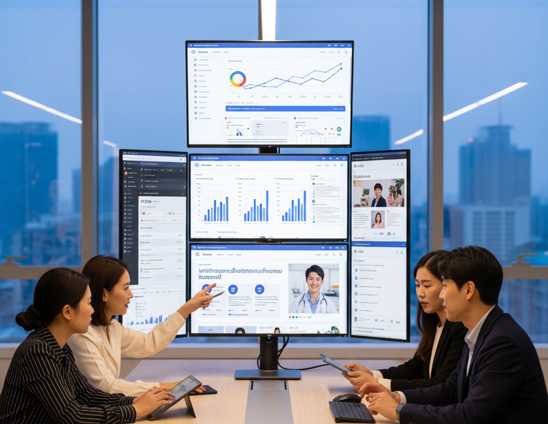 Four people in business attire at a conference table, reviewing data on multiple screens in an office with a city view.