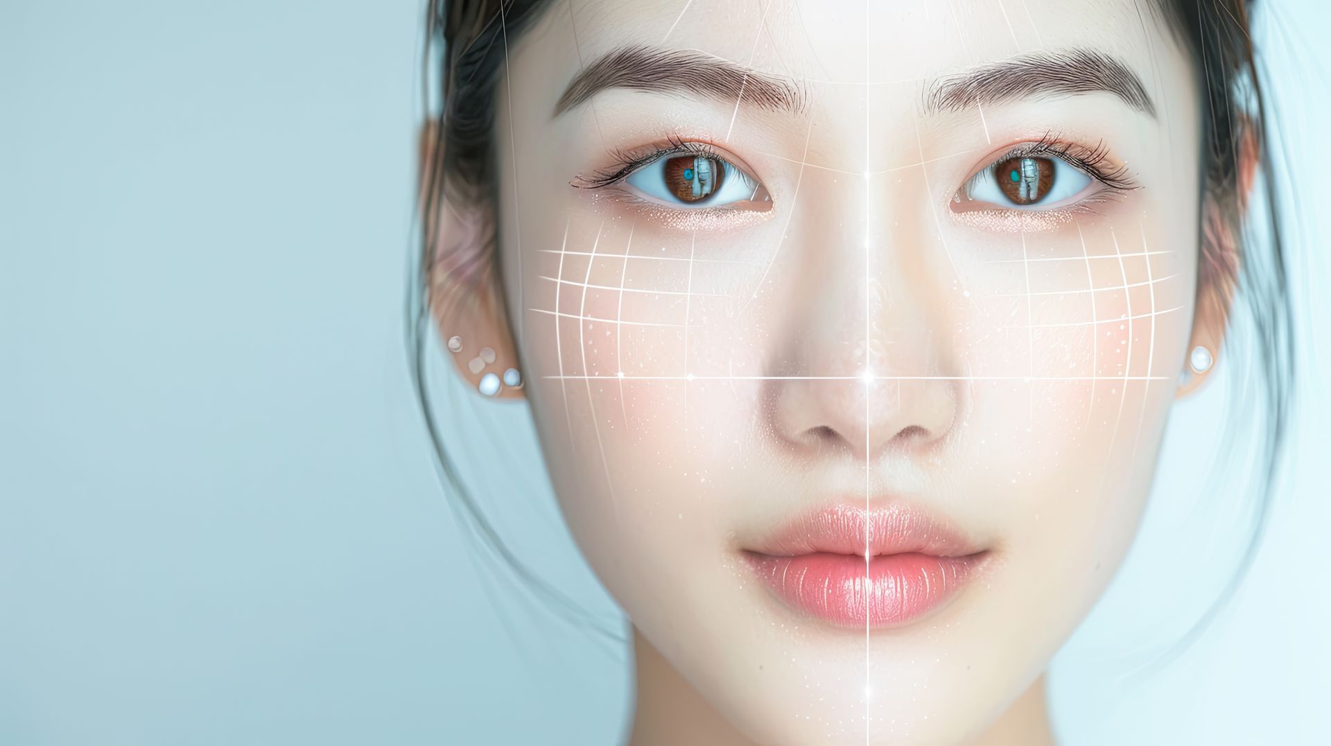 Close-up of a person's face with a grid overlay, appearing to analyze or measure facial features.