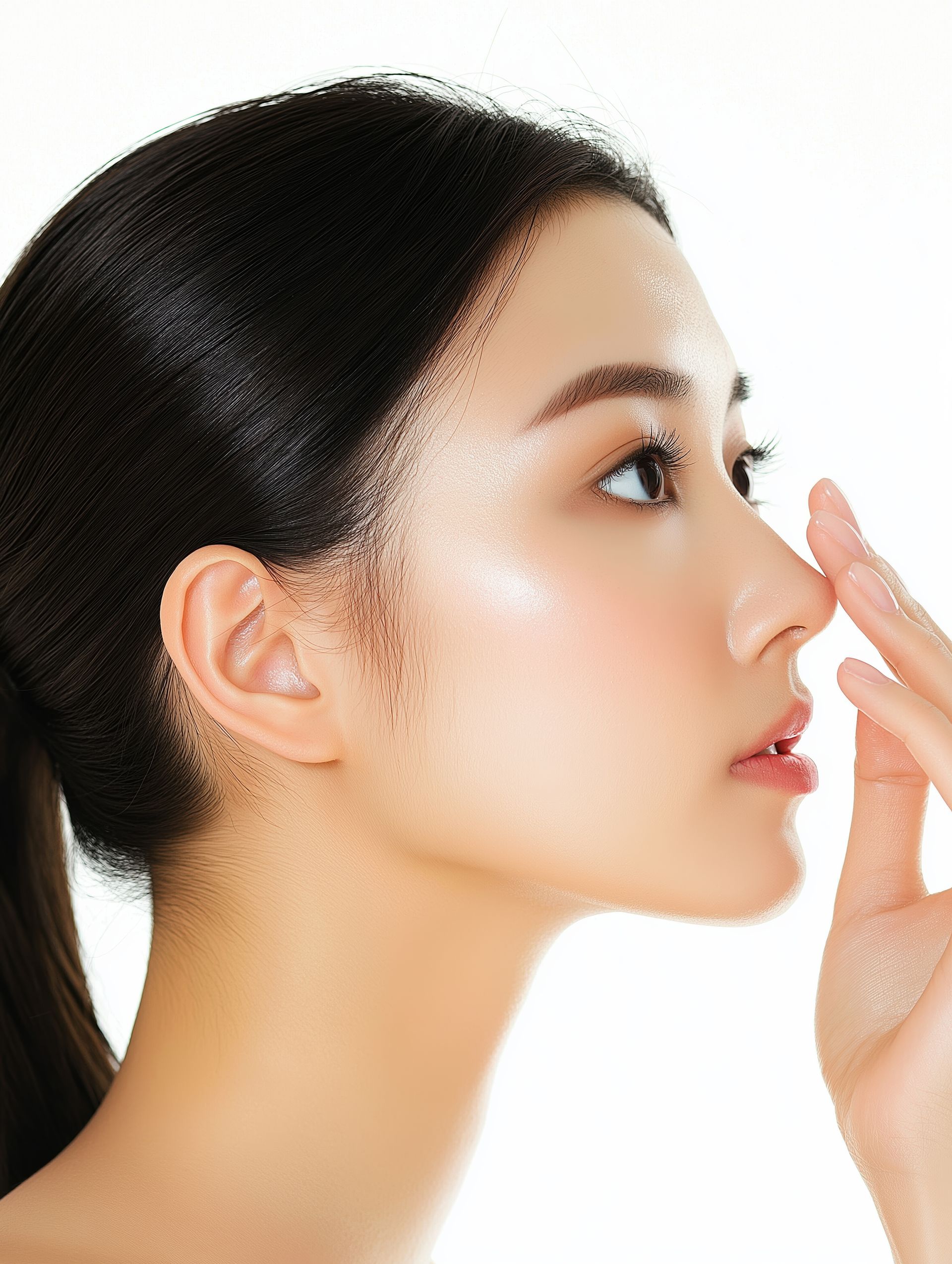 Woman touching nose, shiny skin, profile view, white background.