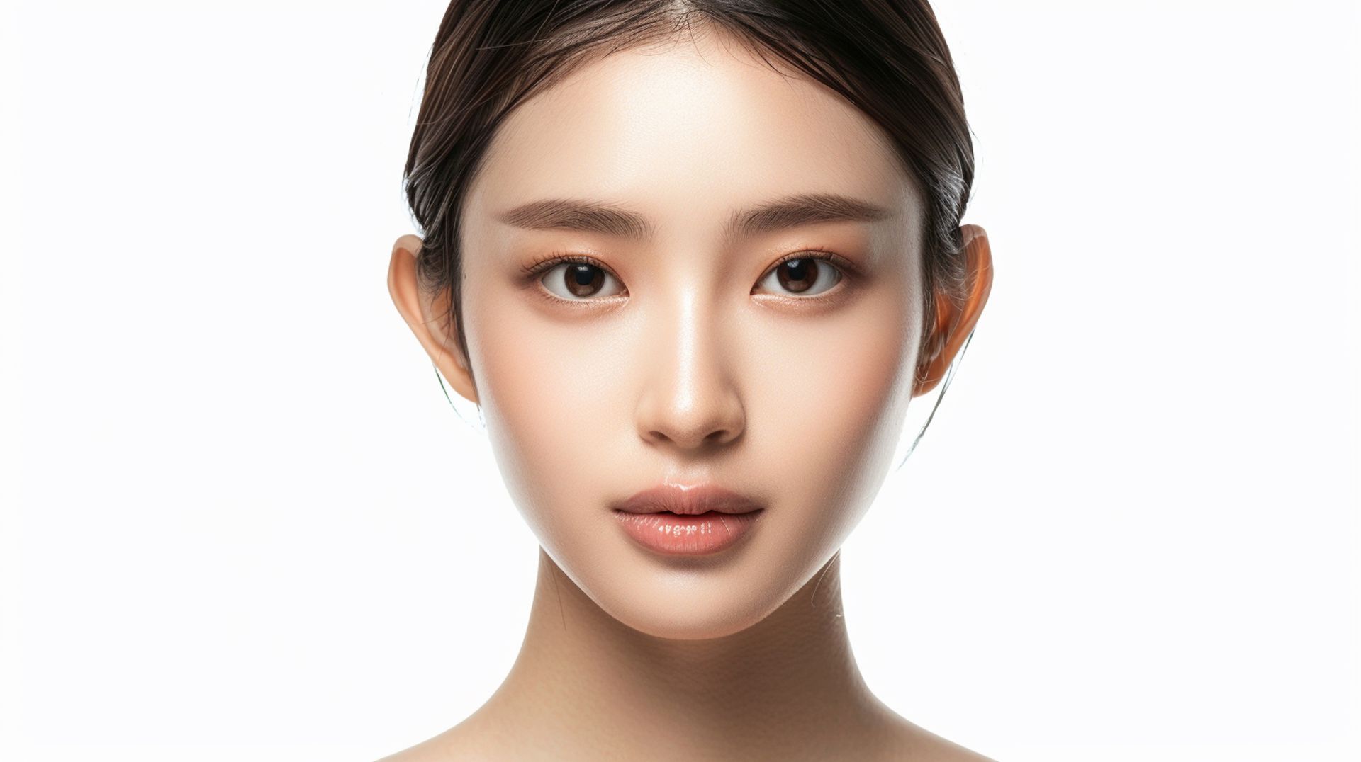 Woman with dark hair, looking at the viewer. Soft lighting, neutral expression, and fair skin.